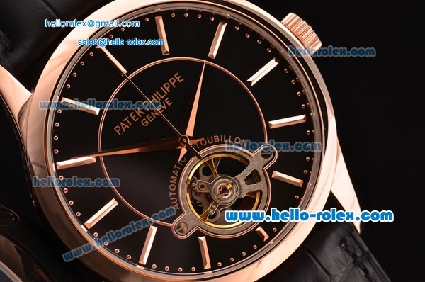 Patek Philippe Complicated ST18 Automatic with Tourbillon Rose Gold Case with Stick Markers Black Leather Strap and Black Dial - Click Image to Close